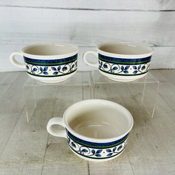 Pfaltzgraff ORLEANS #280 USA Blue Green Vines Yellow Stoneware Soup Mugs Set 3 - Picture 6 of 16